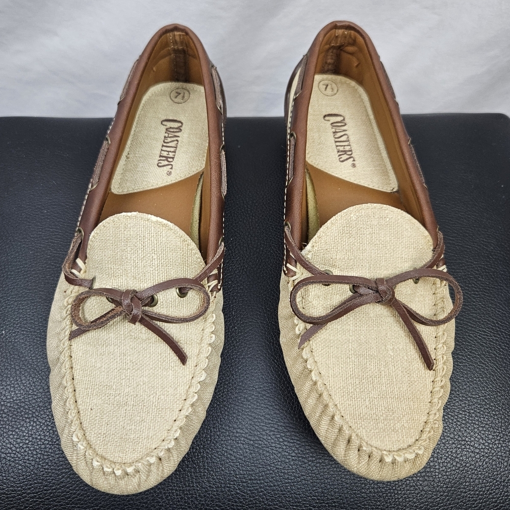 Coasters Vintage Tan Canvas Flat Loafer Non‎ Slip Sz 7.5 Comfort Nautical Preppy